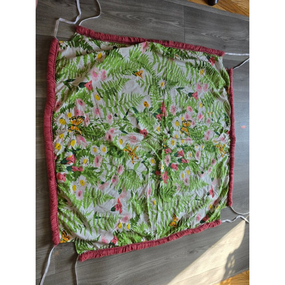 Pink Floral & Fern Patterned Rectangular Tablecloth Fringe Edges Butterflies